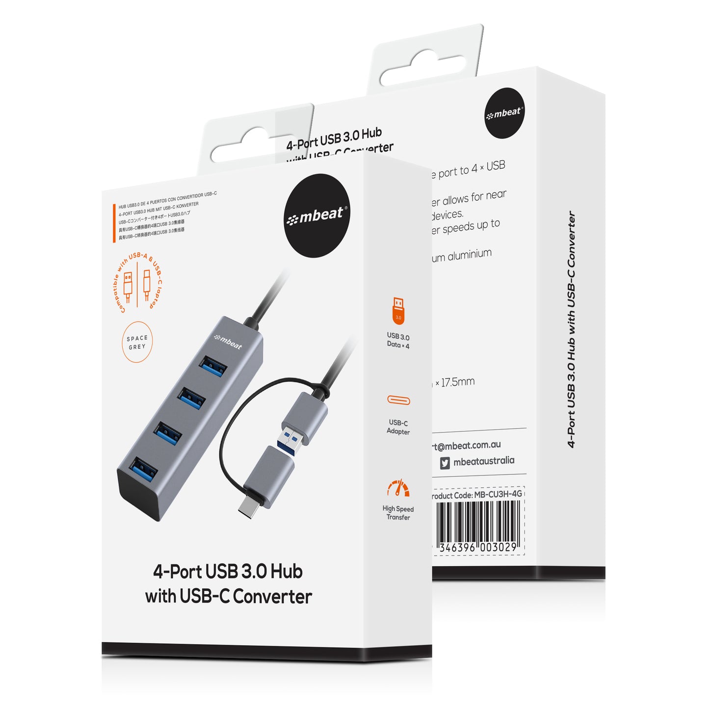 mbeat® 4-Port USB 3.0 Hub with 2-in-1 USB 3.0 & USB-C Converter - Space Grey transfer speeds up to 5Gbps  Material: Aluminium Weight: 48g