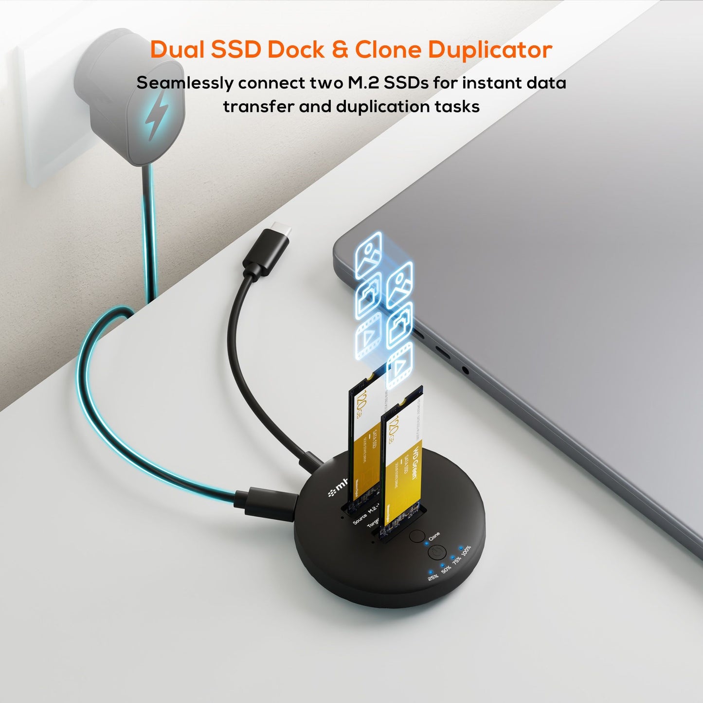 mbeatÂ® H3 USB 3.2 Gen2x2 20Gbps Dual M.2 NVMe SSD Dock with Clone Duplicator (Black) Clone Speed: Up to 15Gbps Product Weight (with Cable): 96g