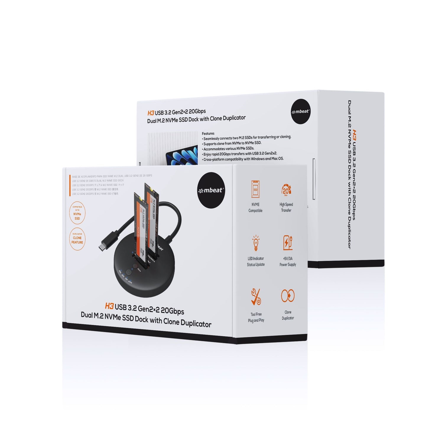 mbeatÂ® H3 USB 3.2 Gen2x2 20Gbps Dual M.2 NVMe SSD Dock with Clone Duplicator (Black) Clone Speed: Up to 15Gbps Product Weight (with Cable): 96g