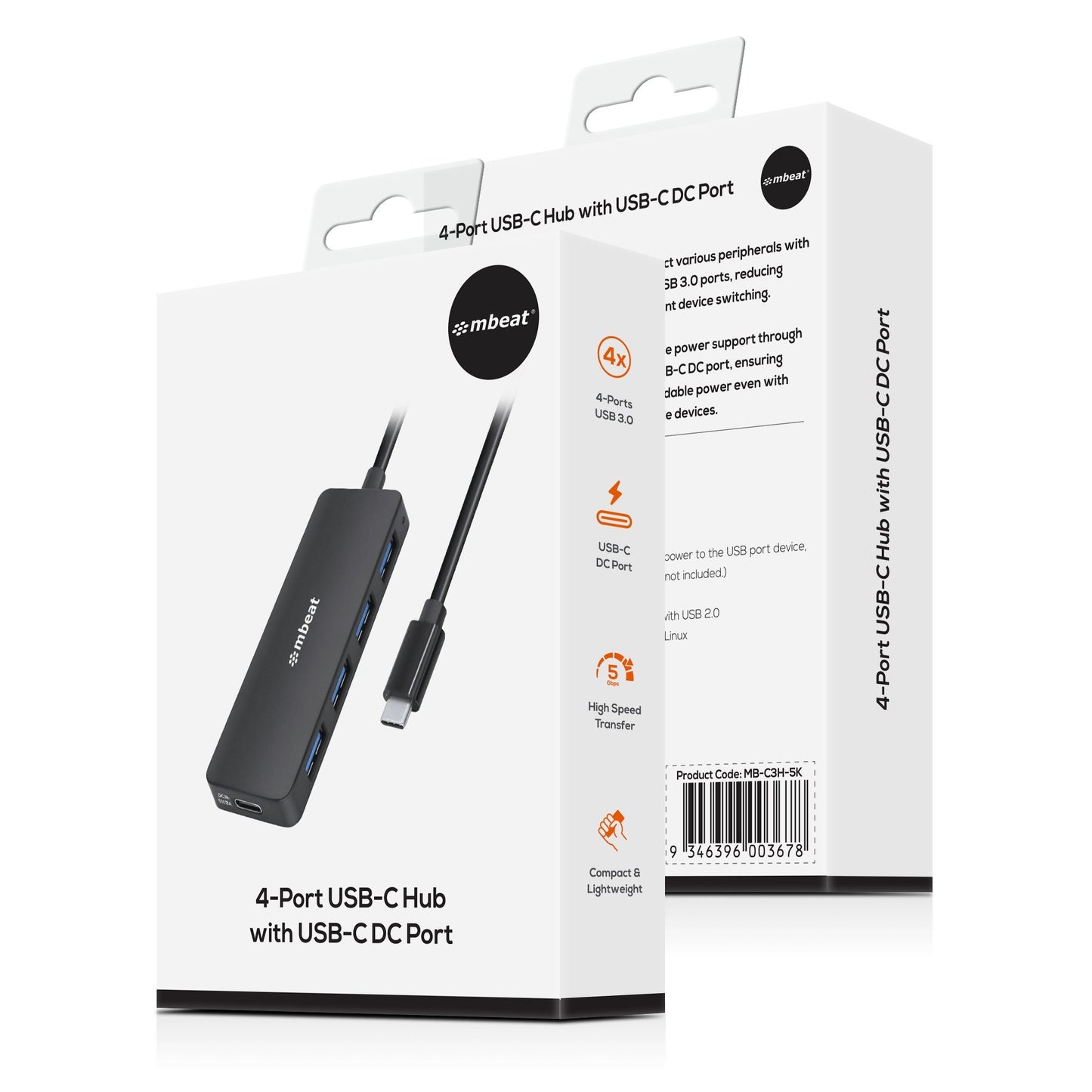 mbeat 4-Port USB-C Hub with USB-C DC Port  Compact and Portable Design  Flexible