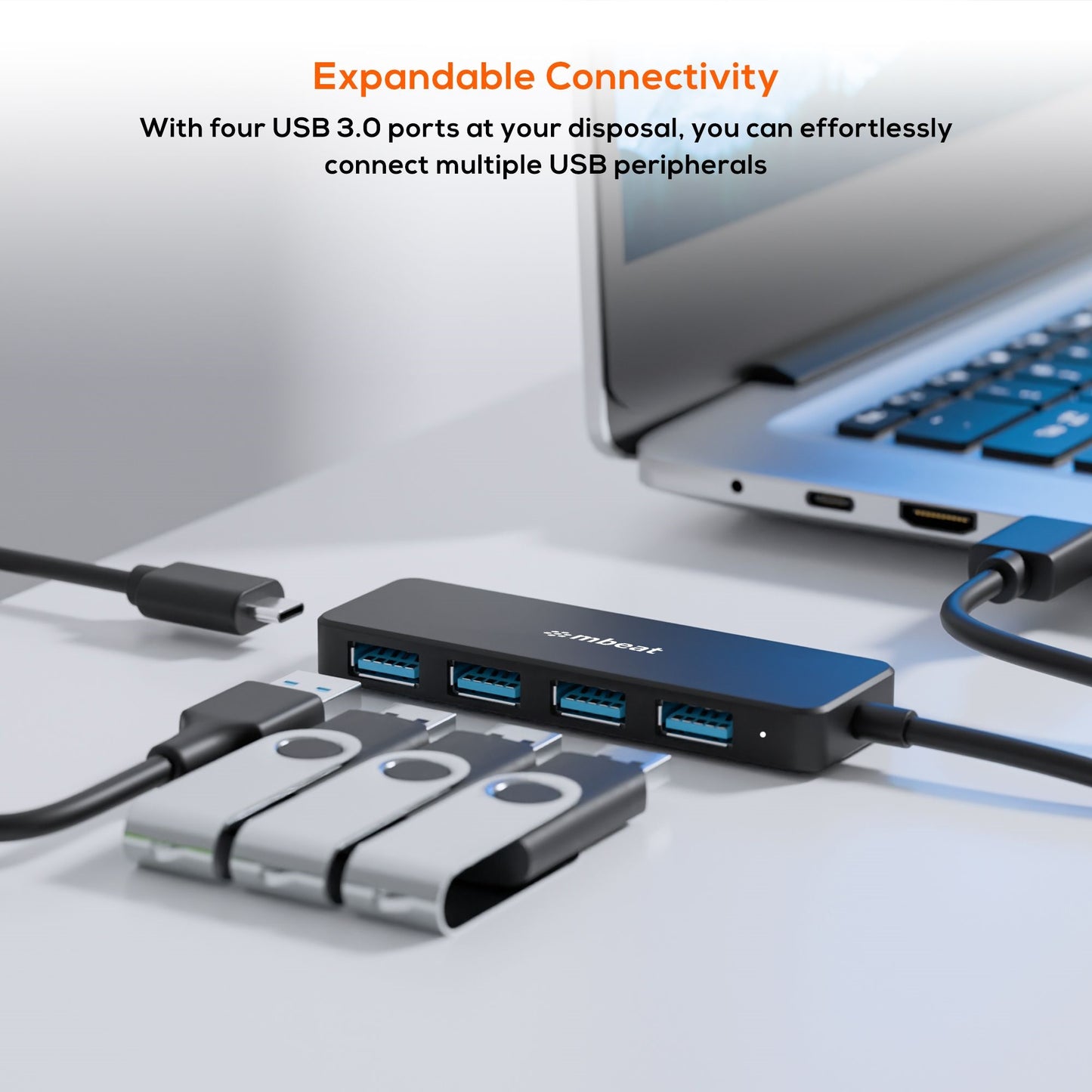 mbeatÂ® 4-Port USB 3.0 Hub with USB-C DC Port  Compact and Portable Design  Expandable Connectivity Data Transfer Speed: 5Gbps Weight: 32g