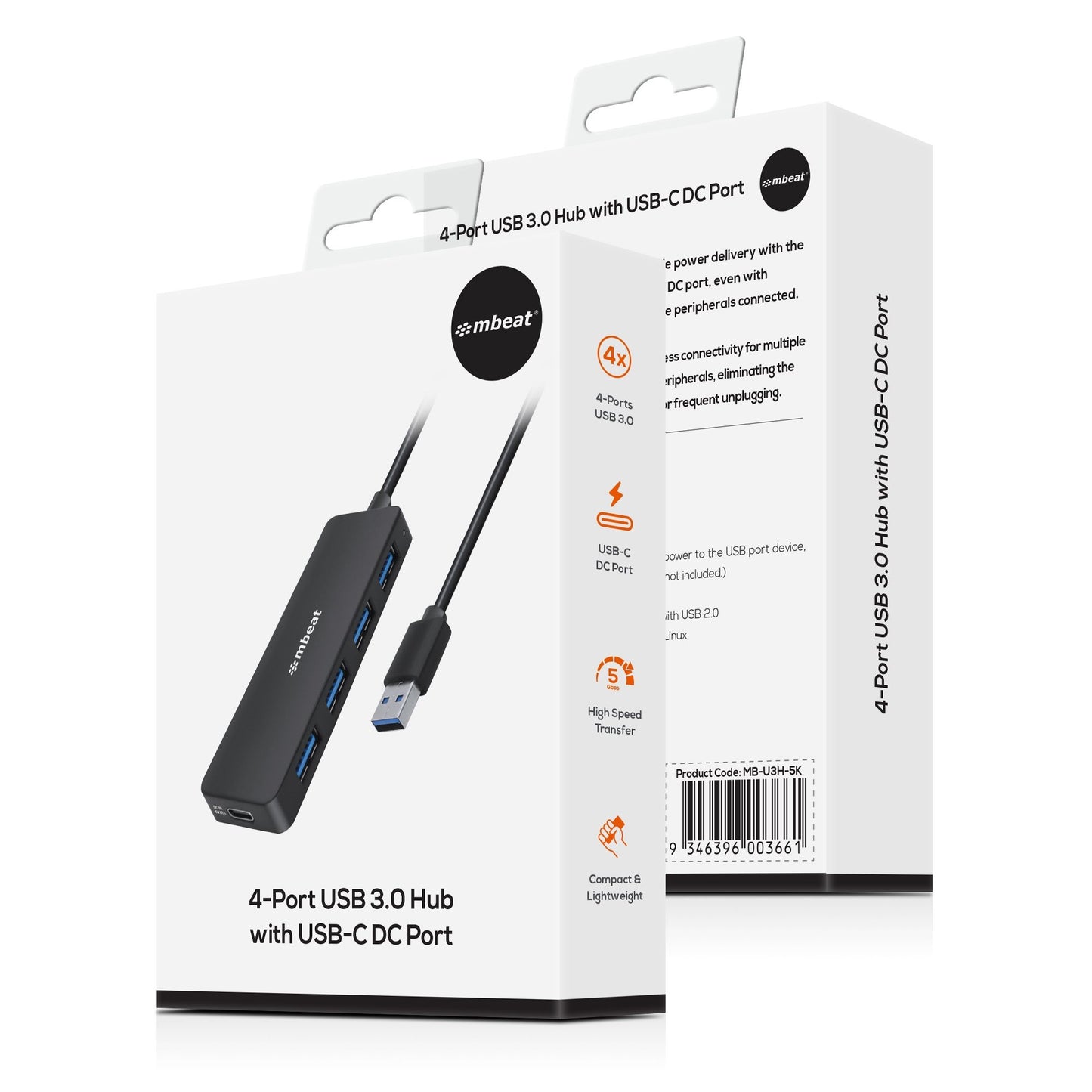 mbeatÂ® 4-Port USB 3.0 Hub with USB-C DC Port  Compact and Portable Design  Expandable Connectivity Data Transfer Speed: 5Gbps Weight: 32g