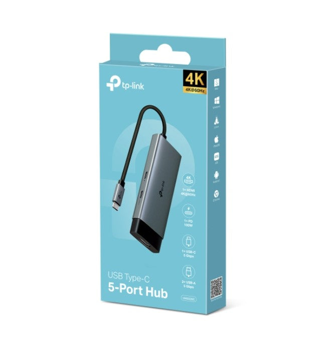 TP-Link UH5020C USB Type-C 5 in 1 Hub, 4K@60Hz HDMI, 100W Power Delivery, 1Ã— USB-C Data Port, 2Ã— USB-A Data Ports.
