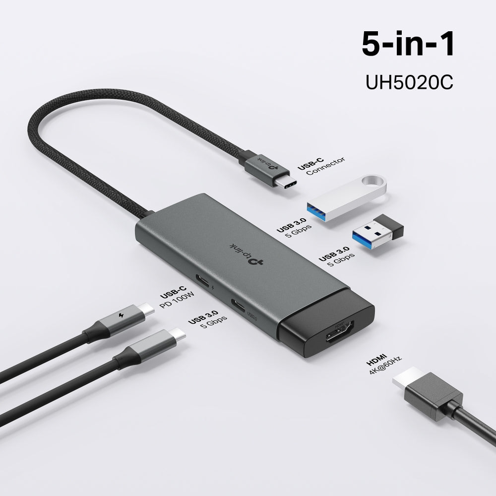 TP-Link UH5020C USB Type-C 5 in 1 Hub, 4K@60Hz HDMI, 100W Power Delivery, 1Ã— USB-C Data Port, 2Ã— USB-A Data Ports.