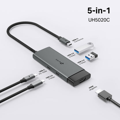 TP-Link UH5020C USB Type-C 5 in 1 Hub, 4K@60Hz HDMI, 100W Power Delivery, 1Ã— USB-C Data Port, 2Ã— USB-A Data Ports.
