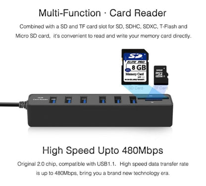 6-Port Usb Hub With Tf / Sd Card Reader High Speed - Black