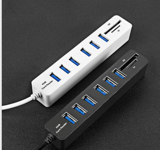 6-Port Usb Hub With Tf / Sd Card Reader High Speed - Black