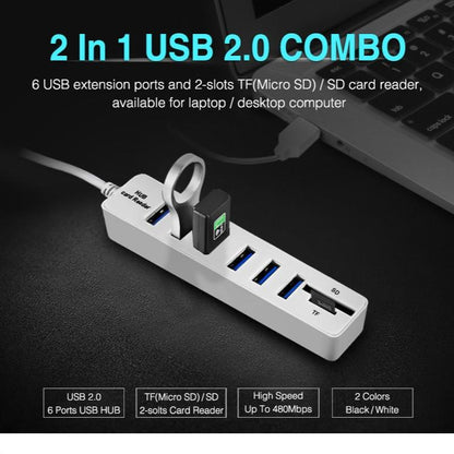 6-Port Usb Hub With Tf / Sd Card Reader High Speed - White