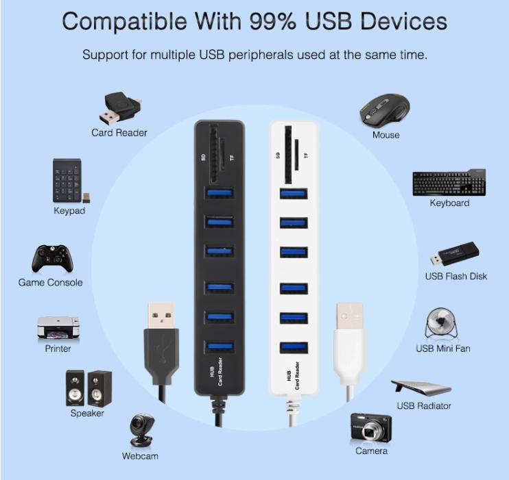 6-Port Usb Hub With Tf / Sd Card Reader High Speed - White
