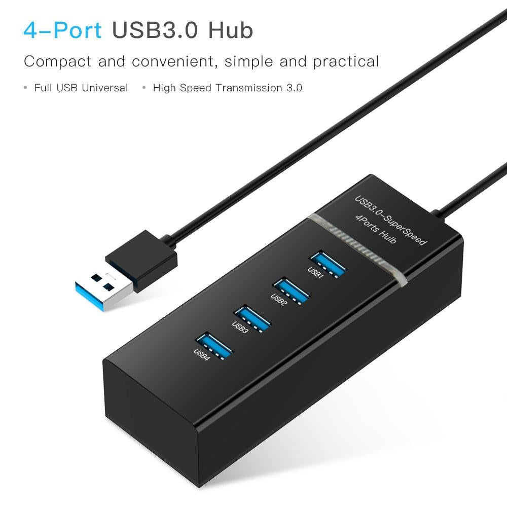 4-Port Usb 3.0 Hub With Led Super Speed 5Gbps - Black