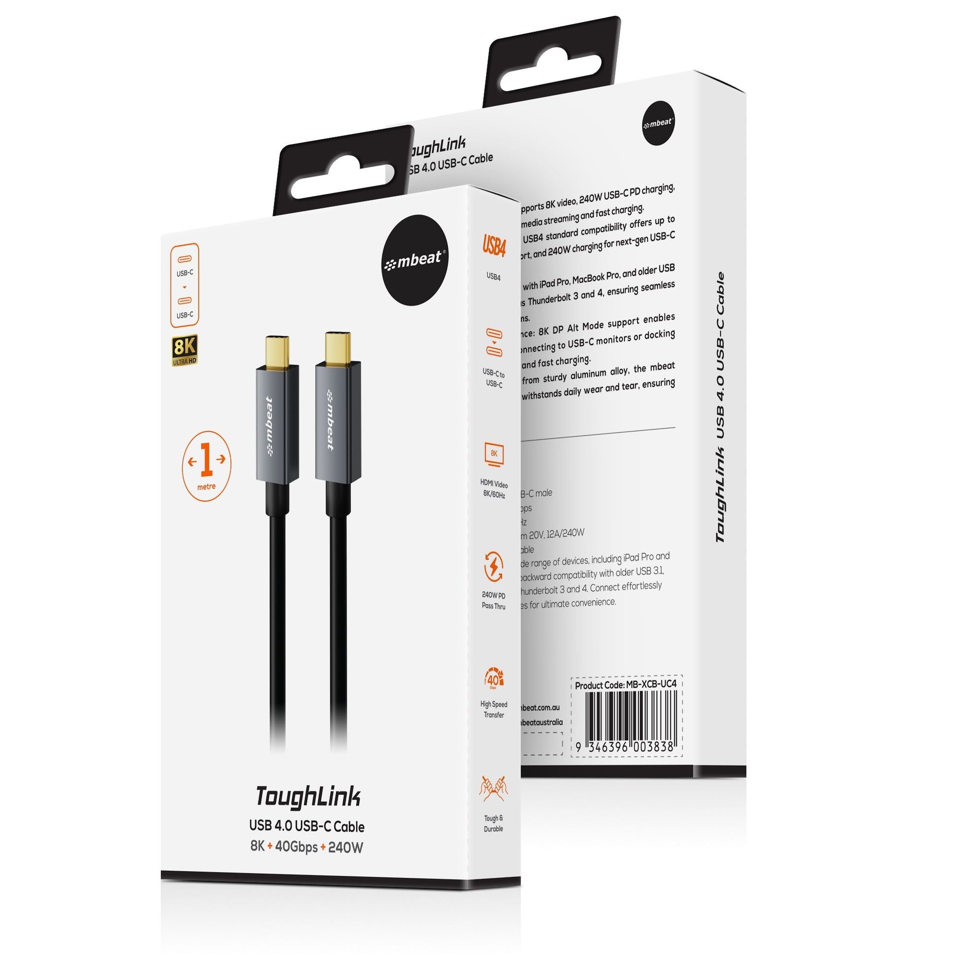 mbeat Tough Link 1m USB 4.0 USB-C Cable - Space Grey Video Resolution: Maximum 8 image 3