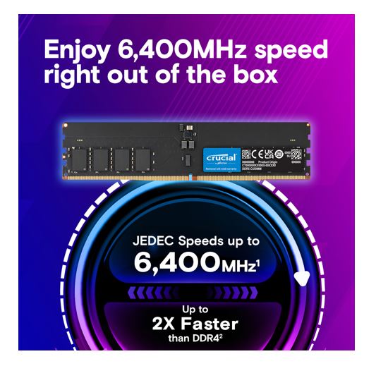 Crucial 64GB (1x64GB) DDR5 CUDIMM 6400MHZ CL52 Desktop PC Memory for Intel Core image 1