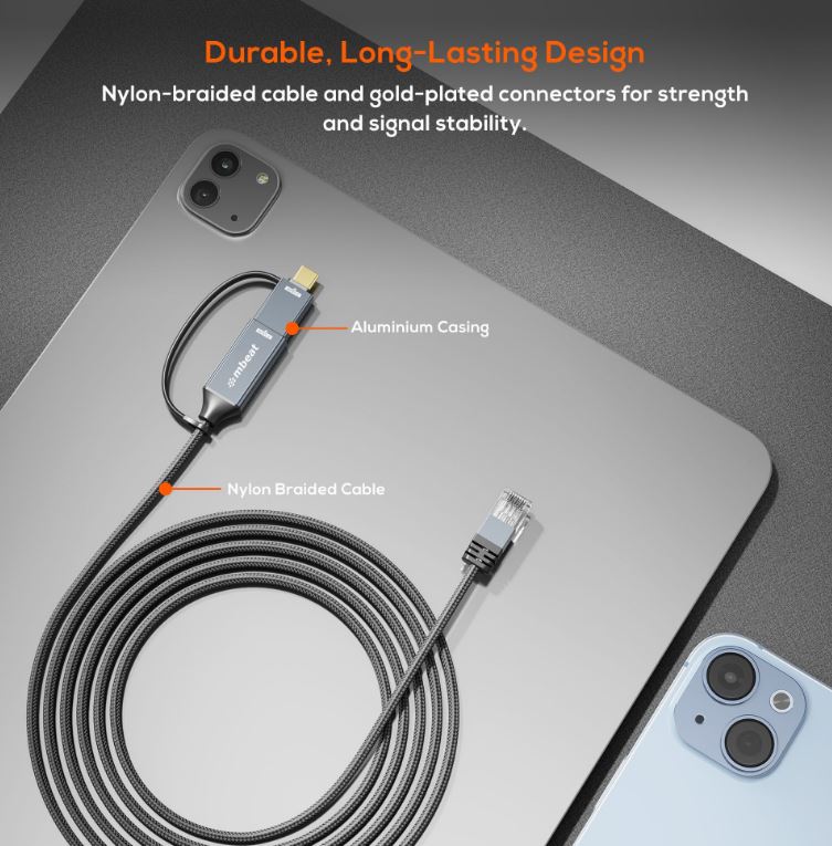 mbeat Tough Link 3m USB & USB-C to RJ45 Ethernet Cable - Space Grey image 1