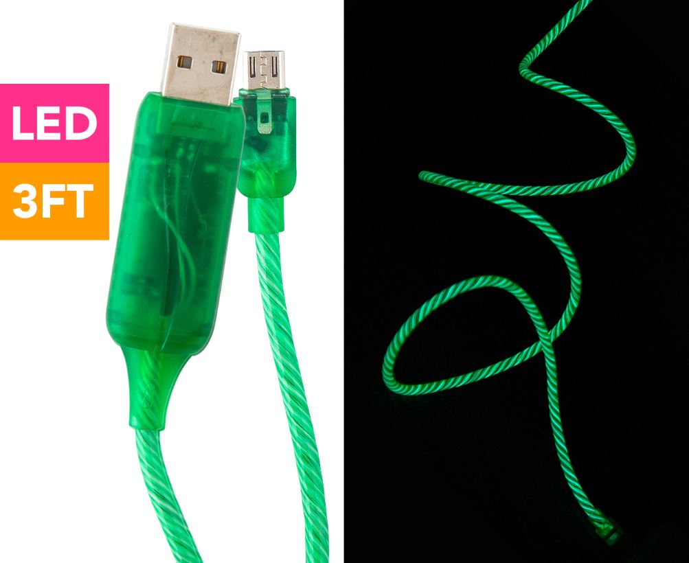 Astrotek 1m LED Light Up Visible Flowing Micro USB Charger Data Cable Green Char image 1