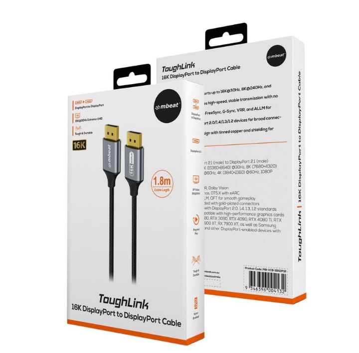 mbeat Tough Link 1.8m 16K DP to DP Cable - Space Grey 40Gbps 180cm × 2.2cm × 1 image 2