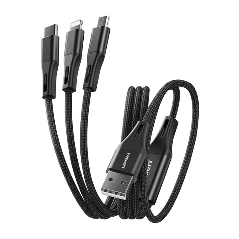 Pisen Braided 3-in-1 USB-A to Lightning + USB-C + Micro-USB Cable (1.5M) - Black image 0