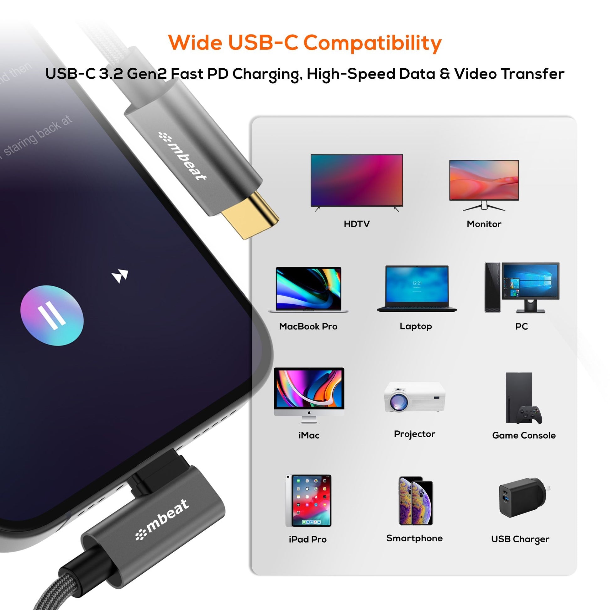 mbeat Tough Link 1.8m L-Shape USB 3.2 Gen2 USB-C Cable - Space Grey Data Transfe image 2