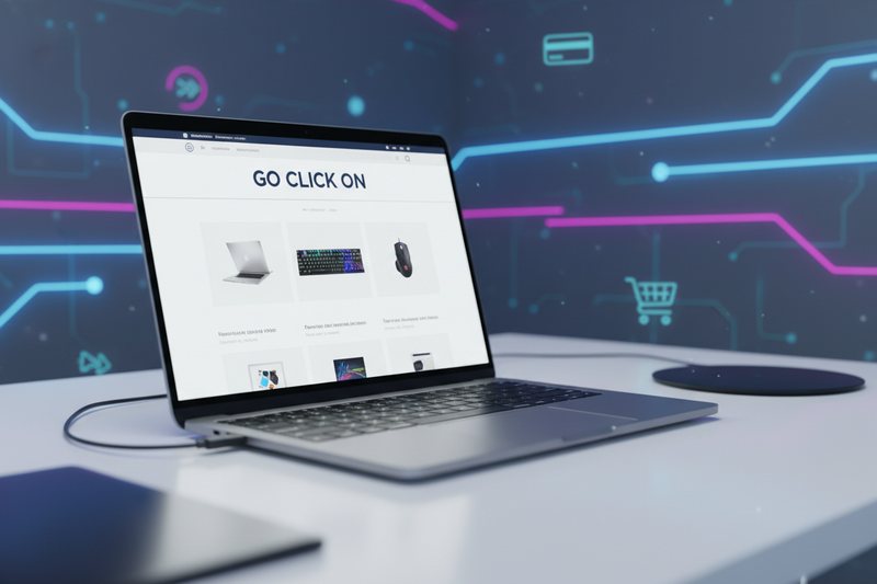 Laptop that shows ecommerce store with products like laptop keyboard and mouse and that website have meniton go click on and in background there should be online store shows
