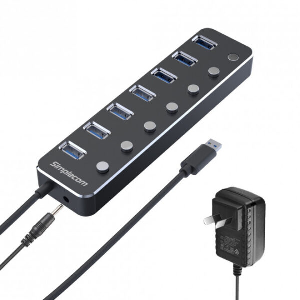 Simplecom CH375PS Aluminium 7 Port USB 3.0 Hub with Individual Switches and Powe