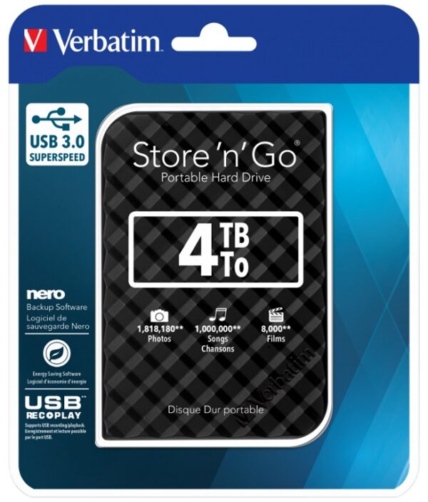 Verbatim 4TB 2.5' USB 3.0 Black Store'n'Go HDD Grid Design *Clearance*