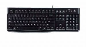Logitech K120 Wired Keyboard Quiet typing Spill-resistant Durable keys Thin profile Curved space bar Adjustable tilt legs