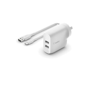Belkin BOOST CHARGE Dual USB-A Wall Charger 24W + USB-C to USB-A cable (1M) - White(WCE001au1MWH)