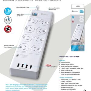 Sansai 8 Outlets & 4 USB Outlets Surge Protected Powerboard Master On/Off switch