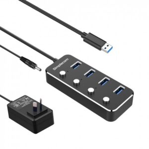 Simplecom CH345PS Aluminium 4-Port USB 3.0 Hub with Individual Switches and Powe