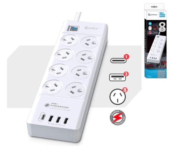 Sansai 8 Outlet 3*USB-A & 1*USB-C Powerboard Master On/Off switch Surge and over