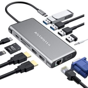 Astrotek USB-C Dock 12-in-1 Multiport Hub/Docking Station with 100W Power 2xHDMI 4K VGA GLAN 2xUSB3.0 2xUSB2.0 Card Reader for HP Lenovo Asus MacBook