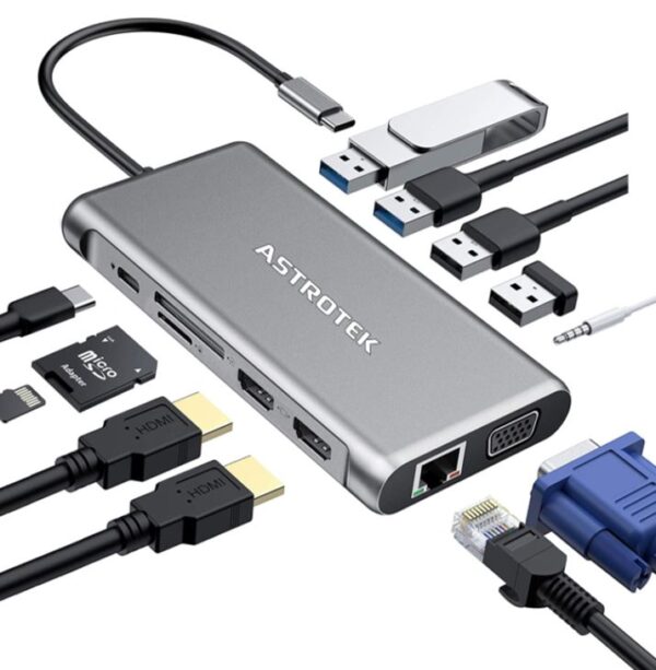 Astrotek USB-C Dock 12-in-1 Multiport Hub/Docking Station with 100W Power 2xHDMI