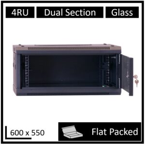 LDR Flat Packed 4U Hinged Wall Mount Cabinet (600mm x 550mm) Glass Door - Black