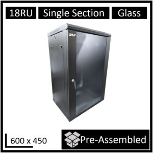 LDR Assembled 18U Wall Mount Cabinet (600mm x 450mm) Glass Door - Black Metal Co