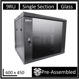 LDR Assembled 9U Wall Mount Cabinet (600mm x 450mm) Glass Door - Black Metal Con