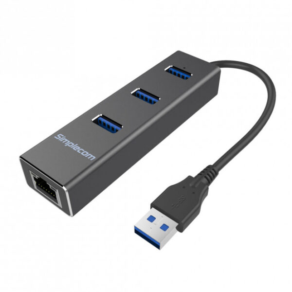 Simplecom CHN410 Black Aluminium 3 Port USB 3.0 HUB with Gigabit Ethernet Adapte