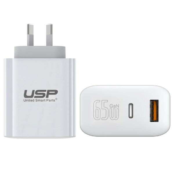 USP 65W Dual Ports (USB-C + USB-A) PD GaN Wall Charger White - PPS Technology