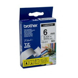 Brother TZ-211 Laminated Black Printing on White Tape (6mm Width 8 Metres in Len