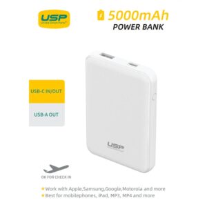 USP Mini 5K mAh Power Bank (18.5W) with Dual Ports (USB-C + USB-A) White - LED P