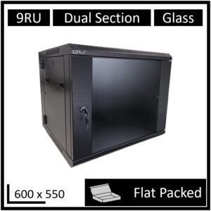 LDR Flat Packed 9U Hinged Wall Mount Cabinet (600mm x 550mm) Glass Door - Black