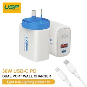 USP 30W Dual Ports (USB-C PD + USB-A QC3.0) Fast Wall Charger + Lightning Cable
