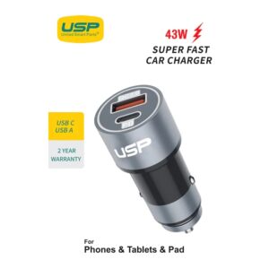 USP 43W Dual Port (USB-C 25W PD + USB-A 43W QC3.0) Fast Car Charger Silver - Dua