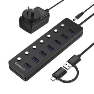 Simplecom CH375C USB-A and USB-C to 7-Port USB 3.0 Hub 5Gbps Individual Switches